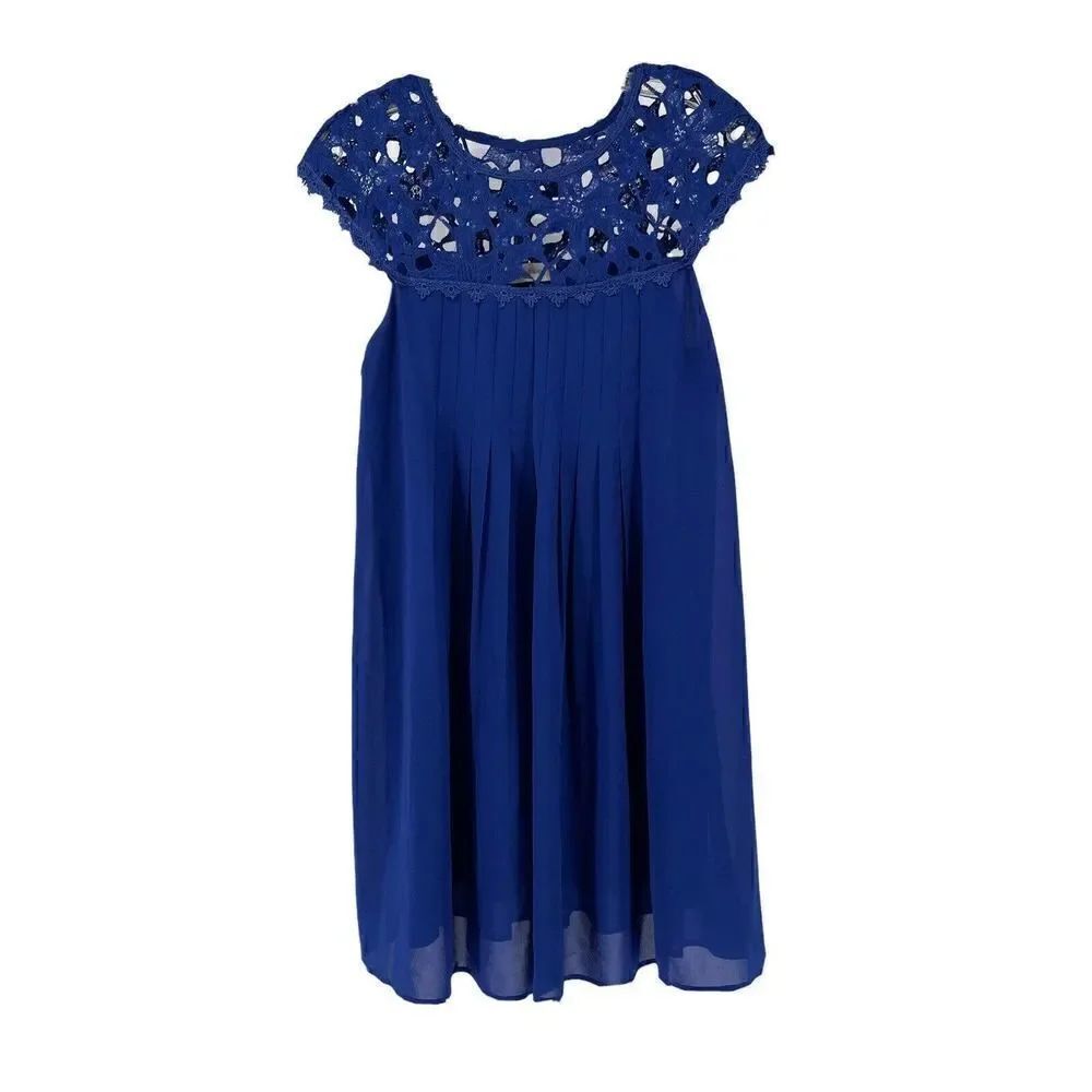Altard State Dress Blue Lace Knee Length Pleated Crochet Cap Sleeve Size S Boho